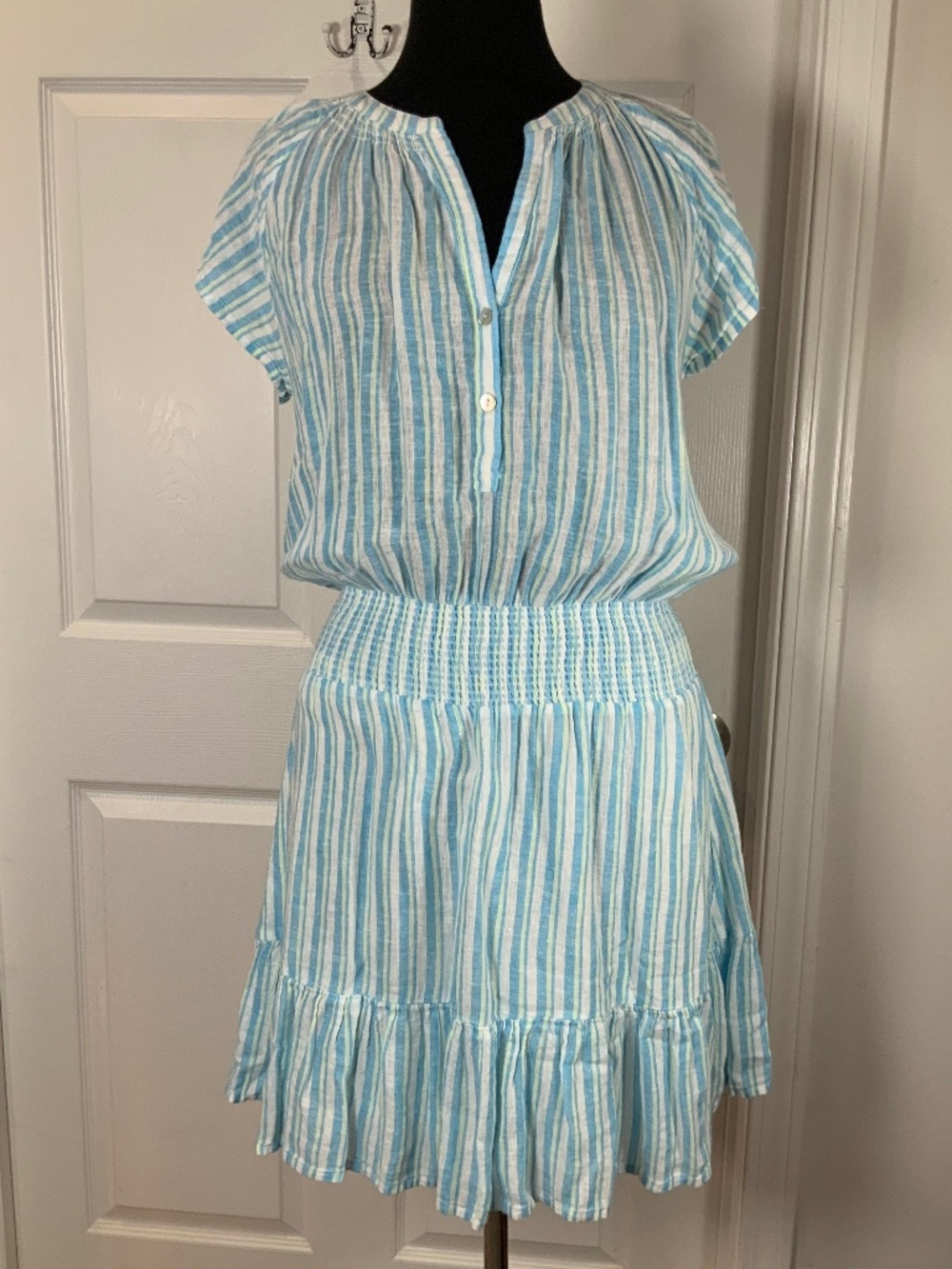 Rails Augustine Laguna Blue Stripe Linen Smocked Tiered Mini Dress Size Medium - Picture 9 of 9